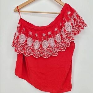 Chic Red Off-Shoulder Blouse with White Embroidery